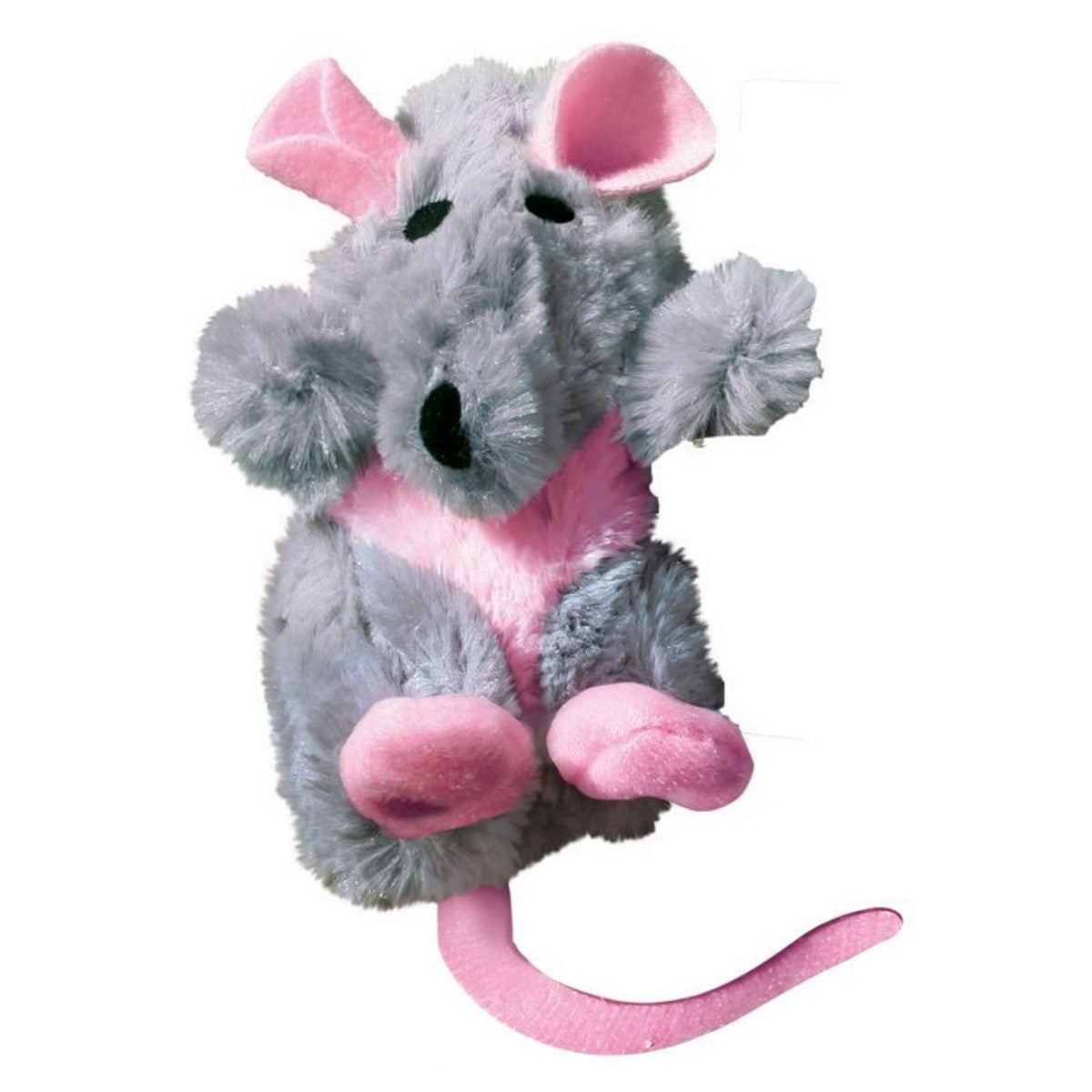 Plush toy mouse with pink interior on a white background