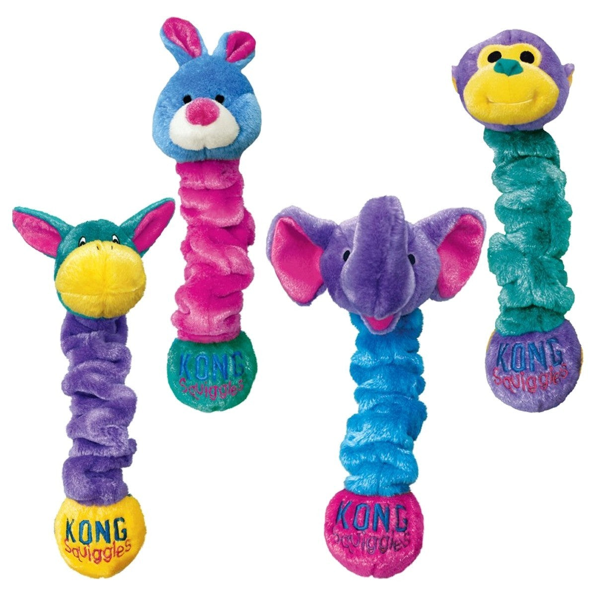 Colorful KONG wobbler toys with animal faces on a white background