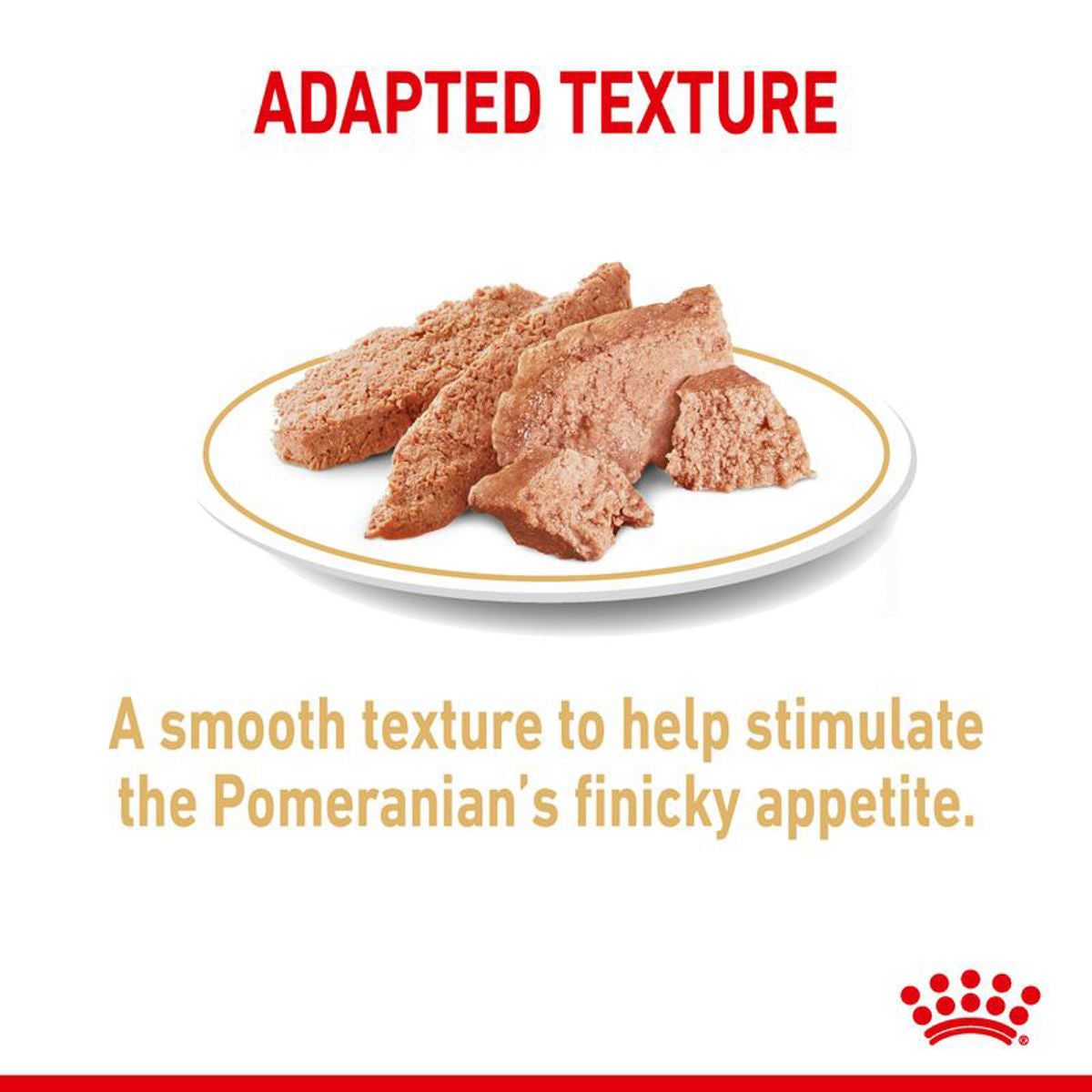 Dog food on a plate with text about adapted texture for Pomeranians.