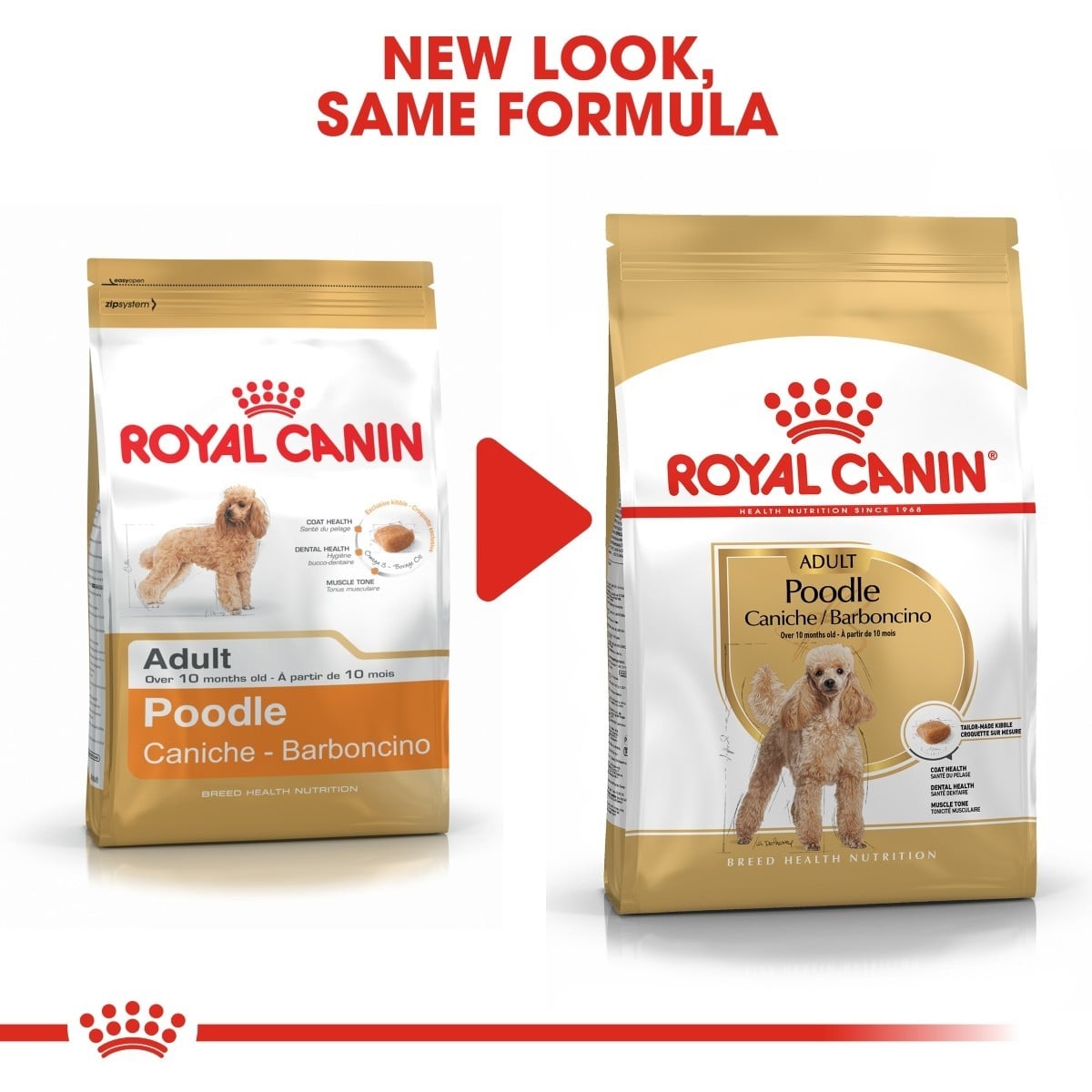 Two packages of Royal Canin Adult Poodle dog food with a red arrow between them.