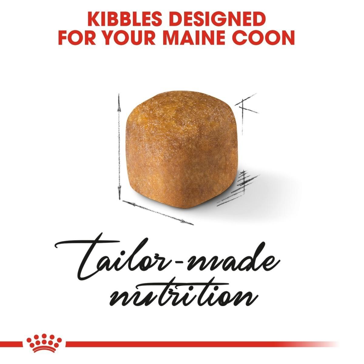 Cat food kibble with text 'Kibbles Designed for your Maine Coon' and 'Tailor-made nutrition' on a white background.