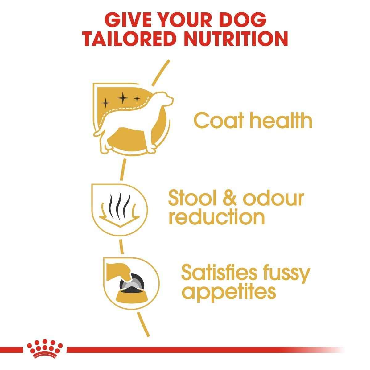 Dog food brand advertisement highlighting tailored nutrition benefits for dogs.