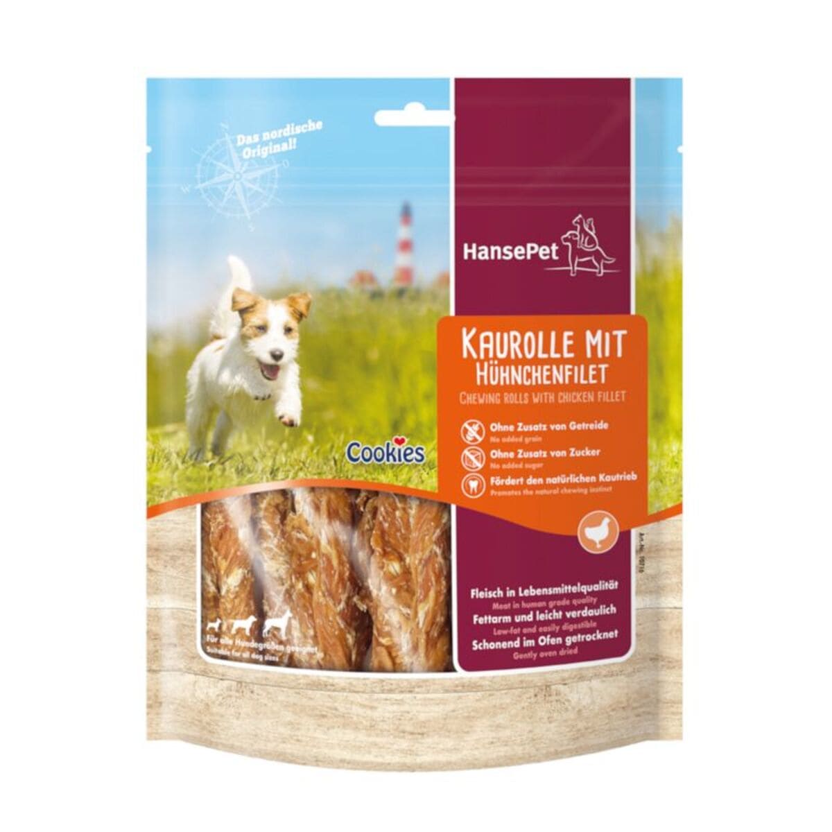HansePet dog treat package with a dog on grass and lighthouse in the background
