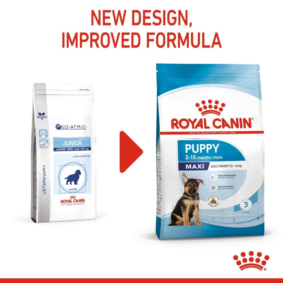 Two Royal Canin dog food packages with text indicating a new design and improved formula.