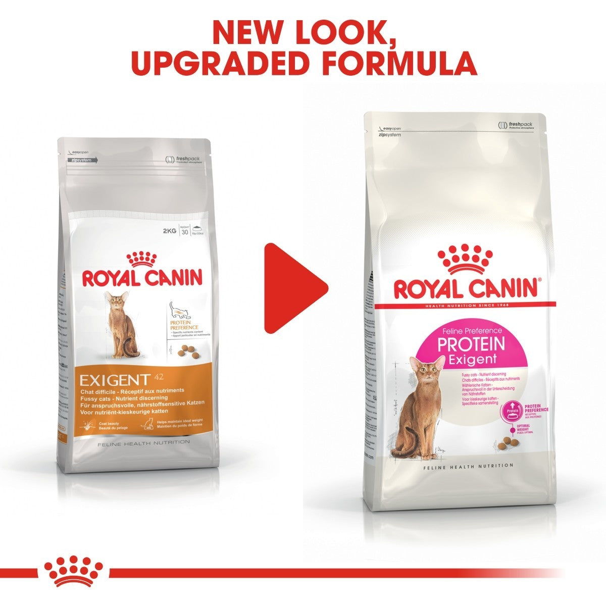 Two packages of Royal Canin Exigent cat food with a red play button graphic.