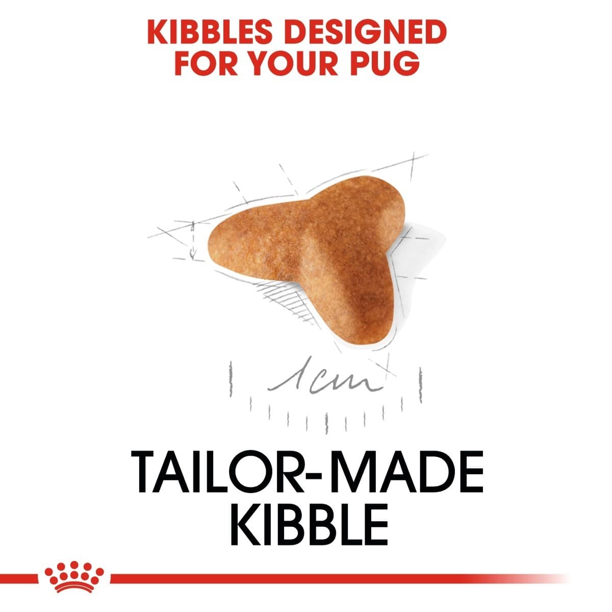 Dog kibble with text 'Kibbles Designed for Your Pug' and 'Tailor-Made Kibble' on a white background.