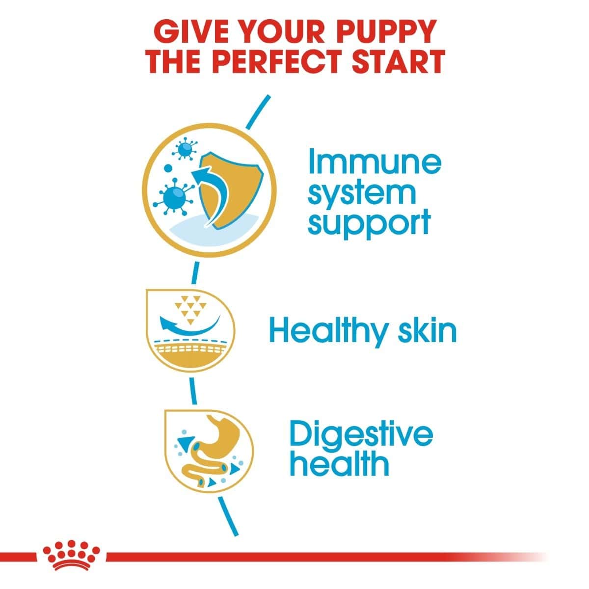 Advertisement for a pet product with icons and text about immune system support, healthy skin, and digestive health.