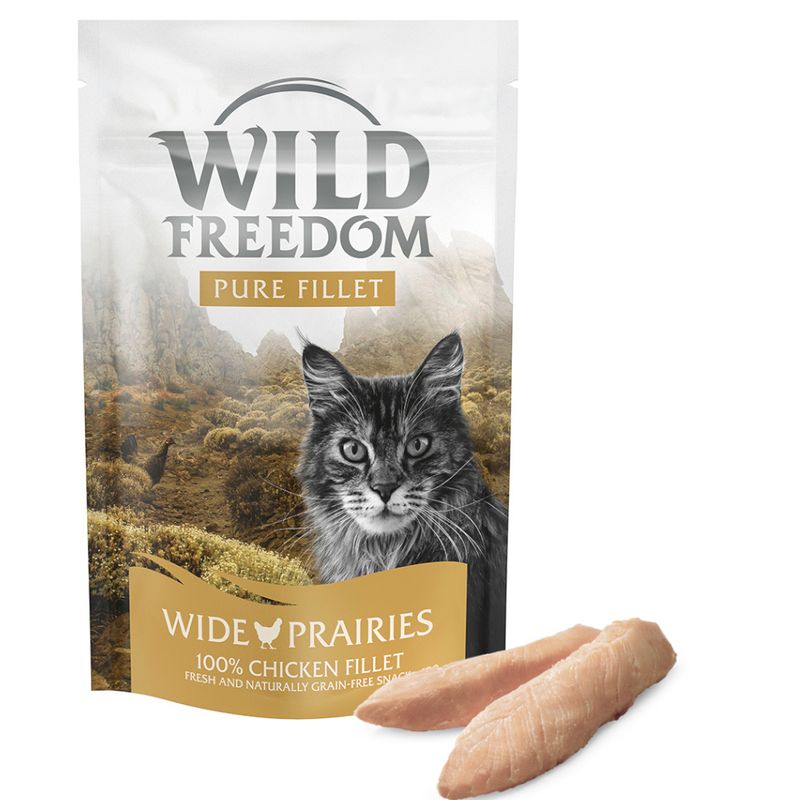 Wild Freedom cat food package with a cat on the label and a chicken fillet in front.