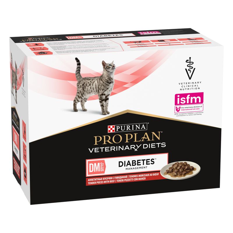 Purina Pro Plan Veterinary Diets DM Diabetes Management cat food package on a white background