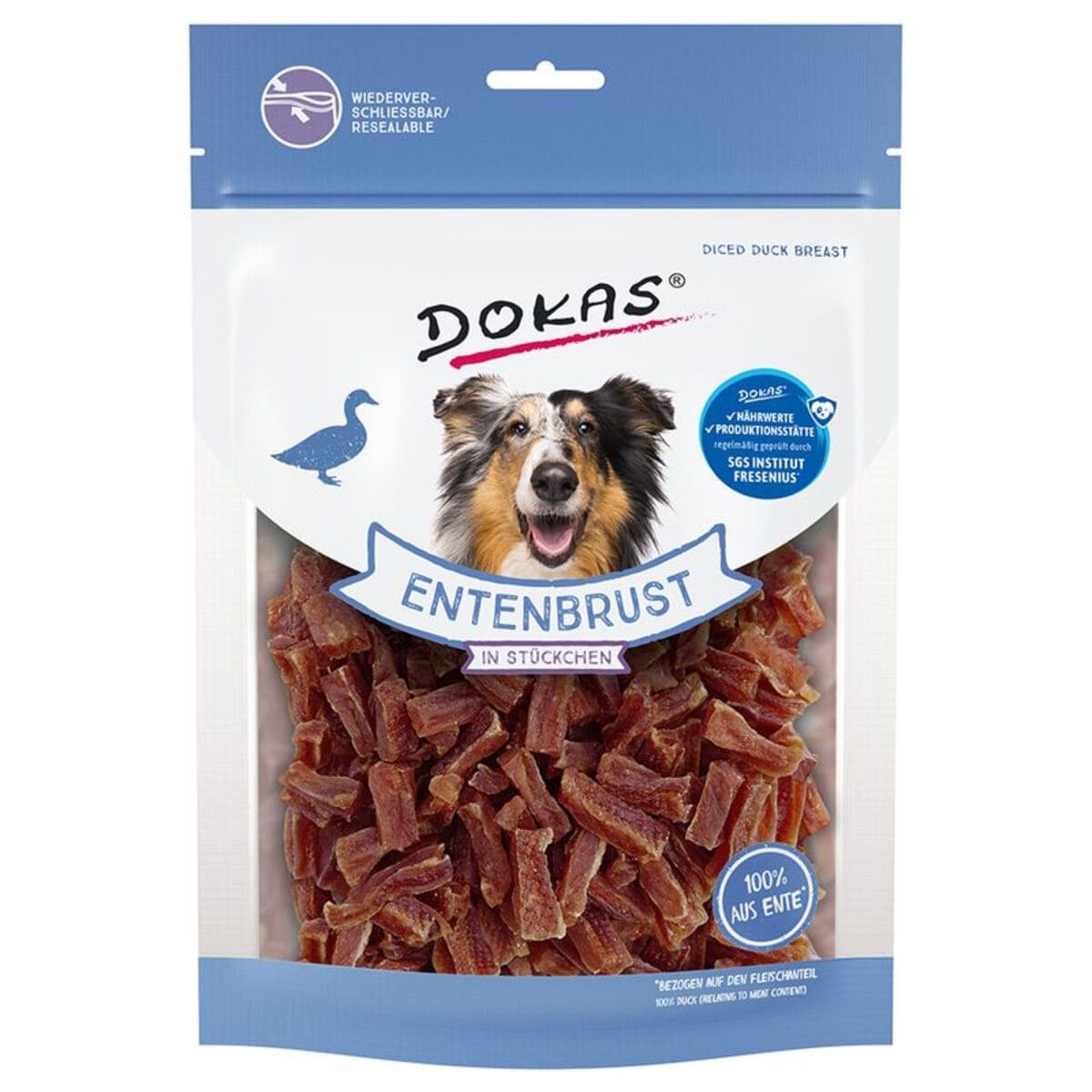 Package of Dokas Entenbrust dog treats with a dog on the label