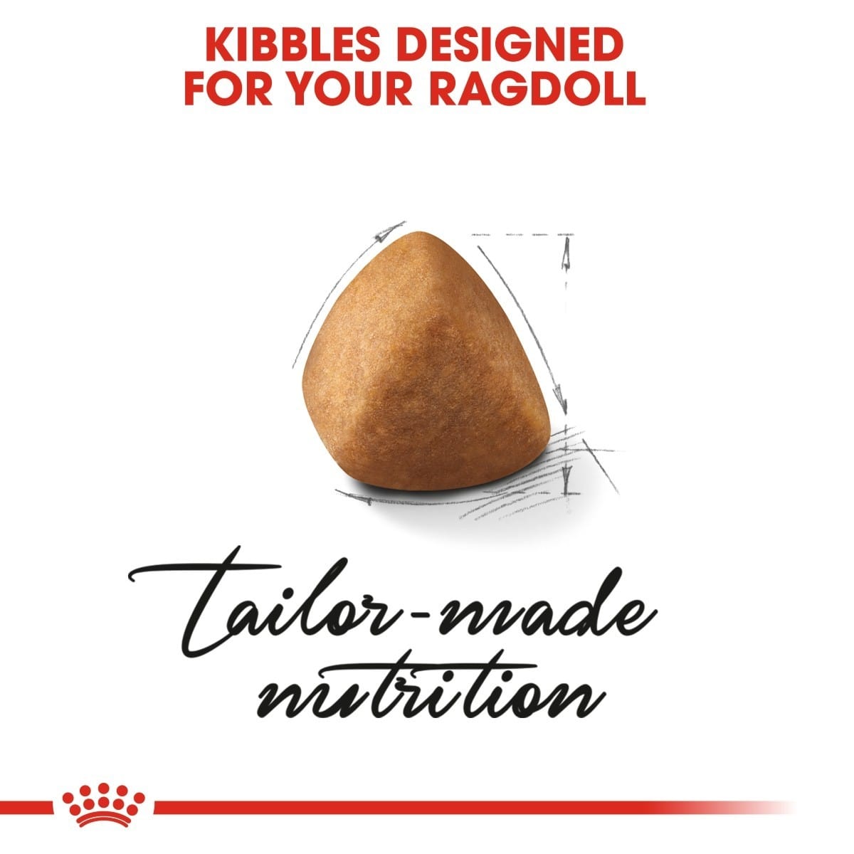 Cat food kibble with text 'Kibbles Designed for Your Ragdoll' and 'Tailor-made nutrition' on a white background.