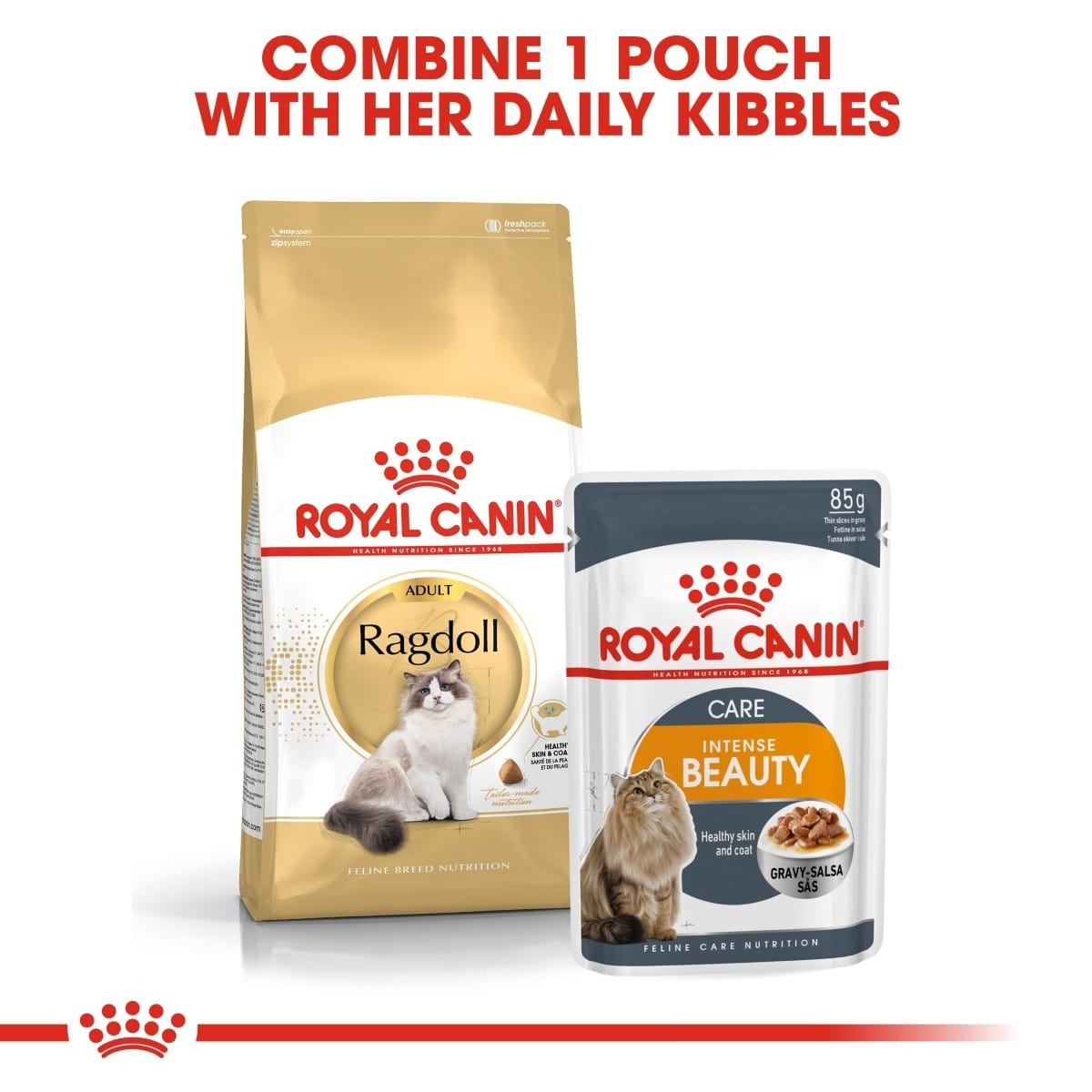 Two Royal Canin cat food packages on a white background with text.