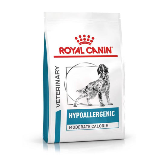 Royal Canin Veterinary Diet Hypoallergenic Moderate Calorie dog food package on a white background