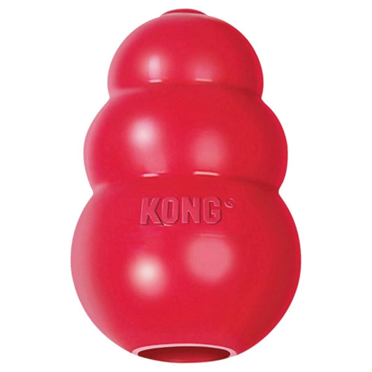 Red KONG dog toy on a white background