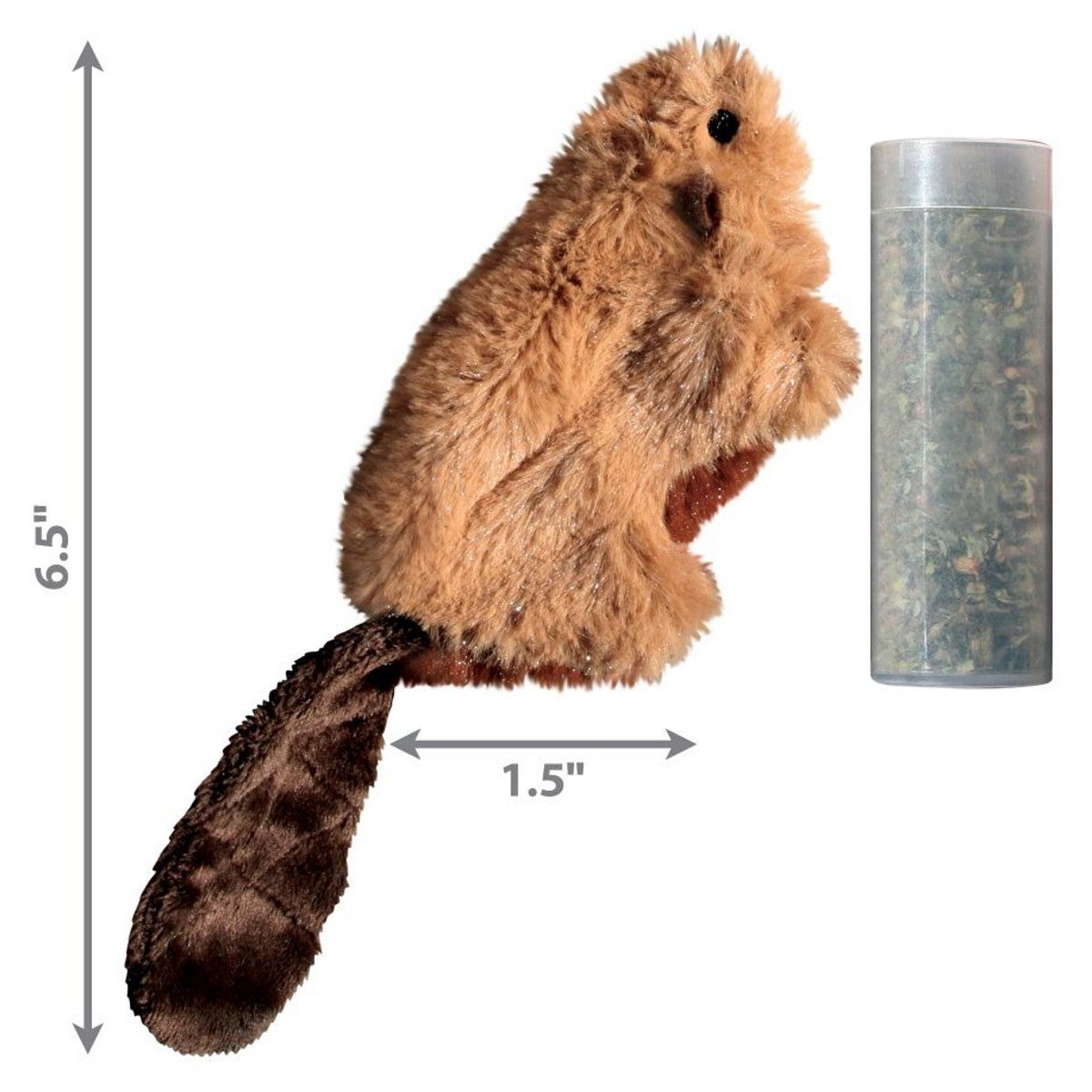 Plush toy otter with dimensions and a cylindrical container for scale on a white background