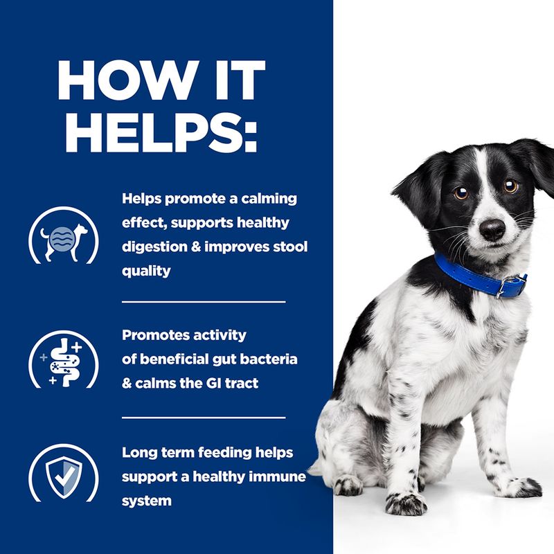 Dog with a blue collar on a white background, next to text about product benefits on a blue background.