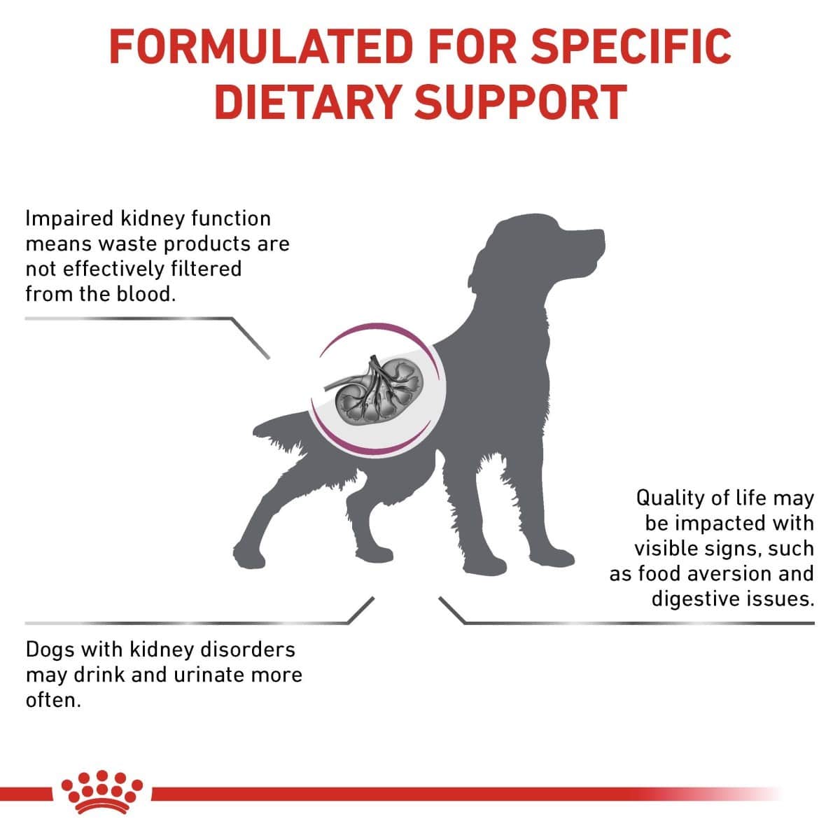 Diagram of a dog with kidney issues and text about dietary support for impaired kidney function.