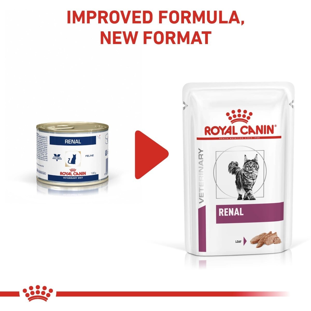 Royal Canin Veterinary Diet Renal product packaging with text 'Improved Formula, New Format' on a white background.