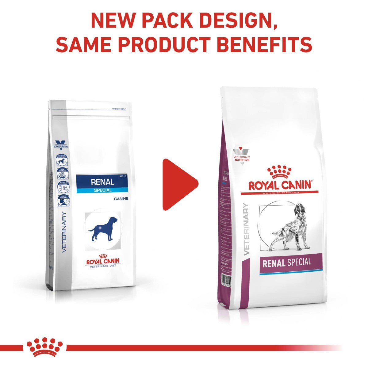 Two packages of Royal Canin Renal Special dog food with a red arrow between them on a white background.