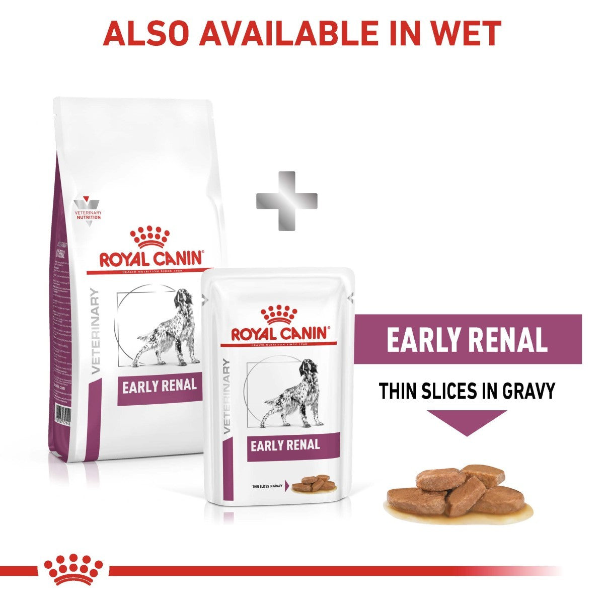 Royal Canin Early Renal dog food packaging with text indicating availability in wet form.