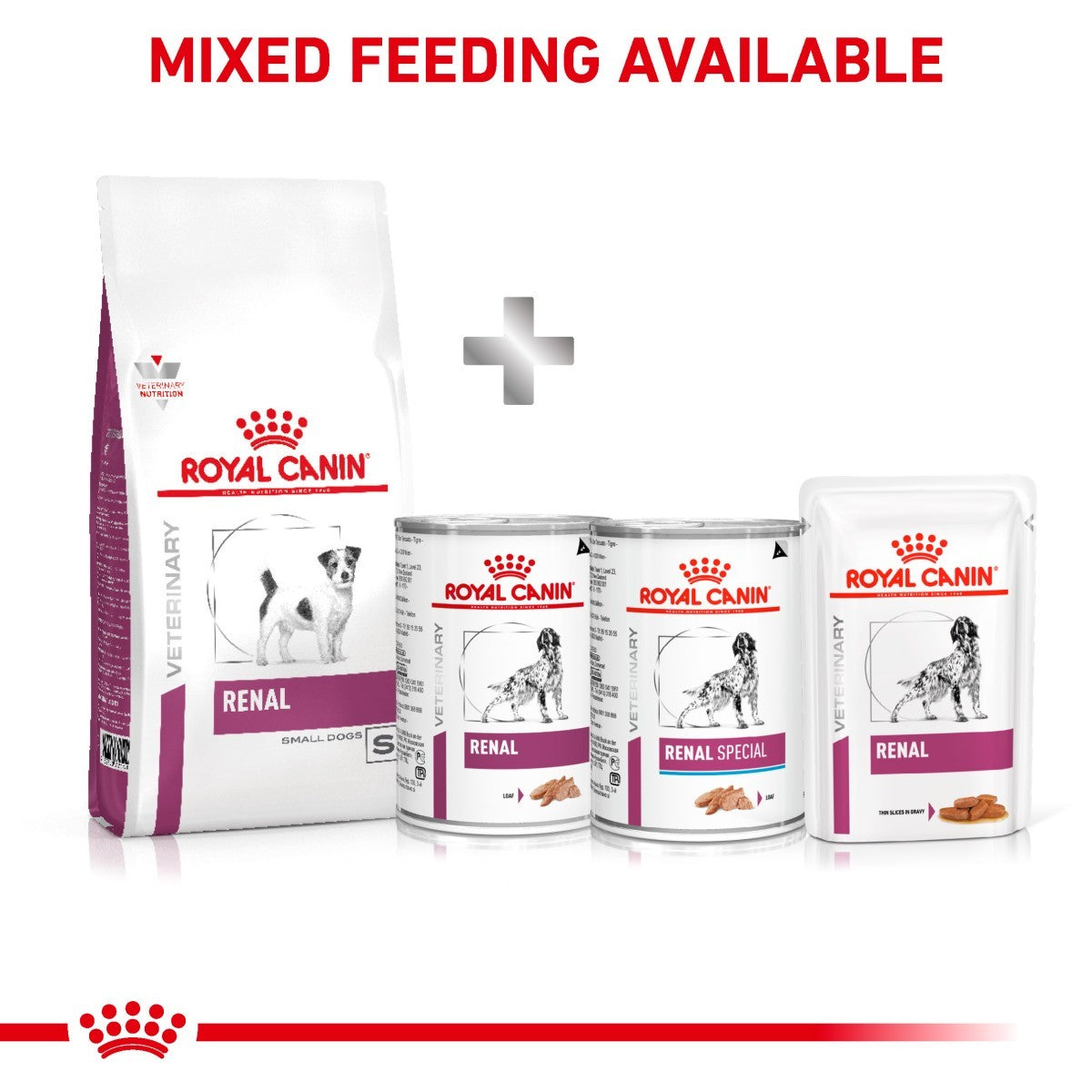 Royal Canin Renal pet food products on a white background with 'Mixed Feeding Available' text.