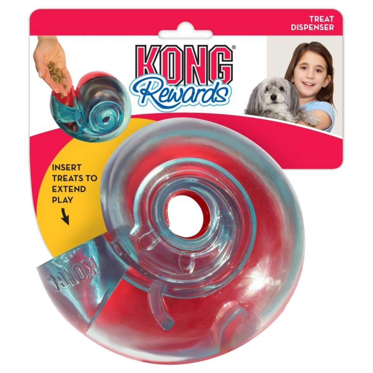 Kong Rewards treat dispenser toy with packaging featuring a child and dog.