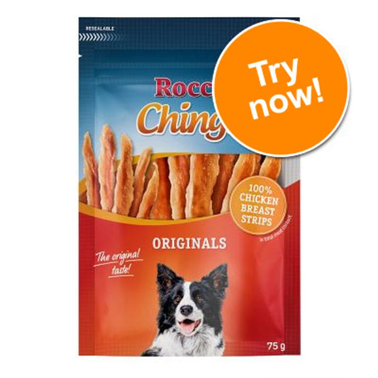 Rocco Chinga Originals dog treat package with a 'Try now!' badge on a white background