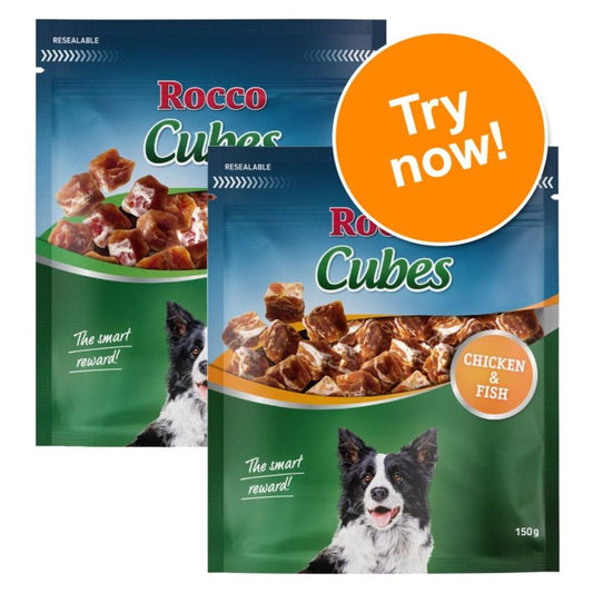 Two packages of Rocco Cubes dog treats with a 'Try now!' button on a white background.