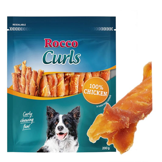 Rocco Curls dog treat package with a dog on the label