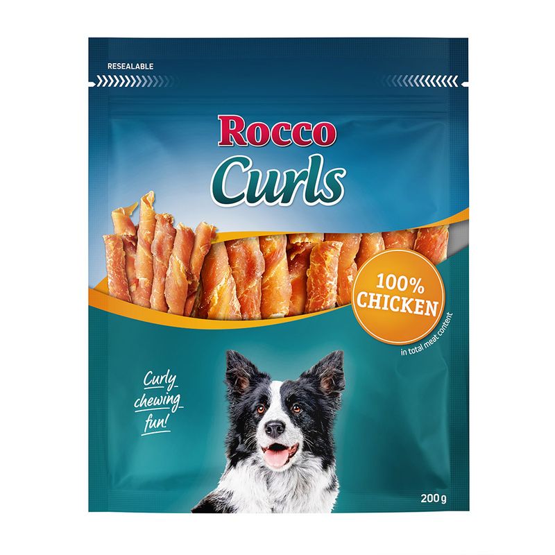 Rocco Curls dog treat package with a dog on the label