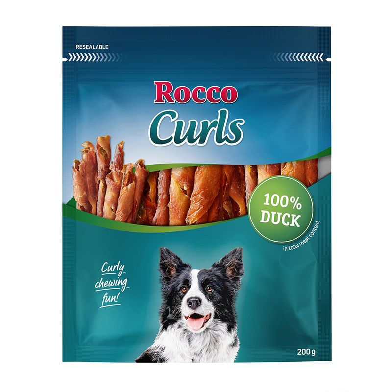 Rocco Curls dog treat package with a dog on the label