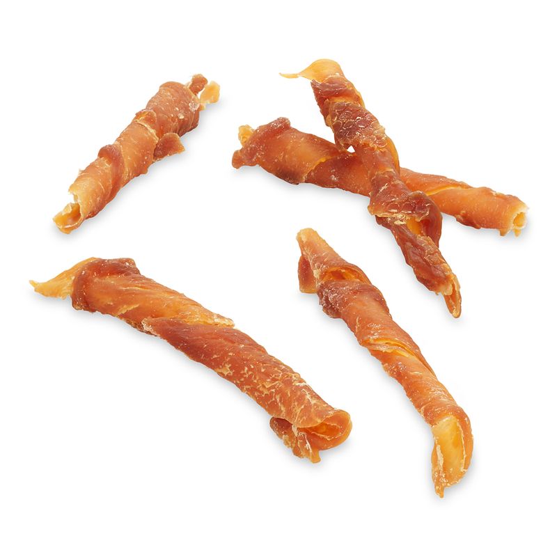 Five pieces of dried meat sticks on a white background