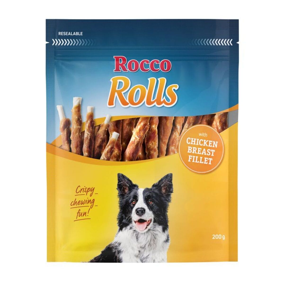 Rocco Rolls dog treat package with a dog on the front, featuring chicken breast fillet.