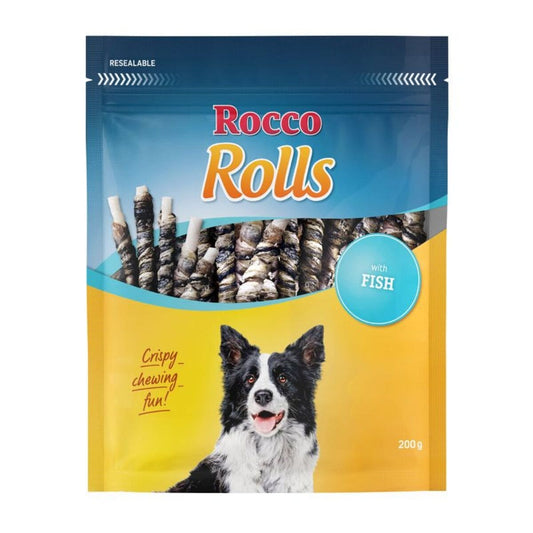 Rocco Rolls dog treat package with a dog on the label