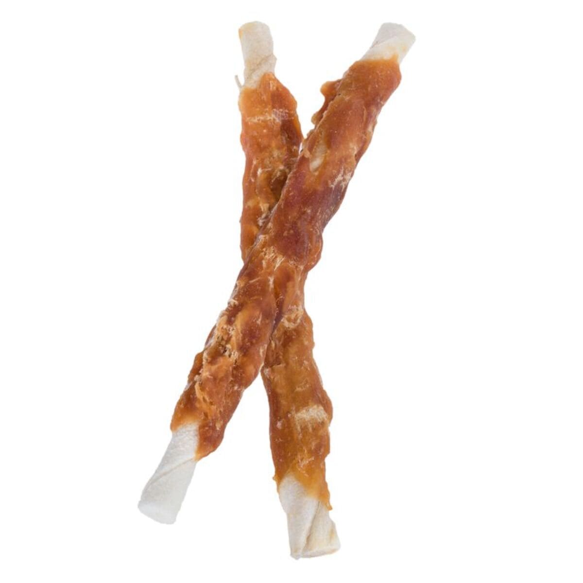 Two rawhide dog chew sticks on a white background