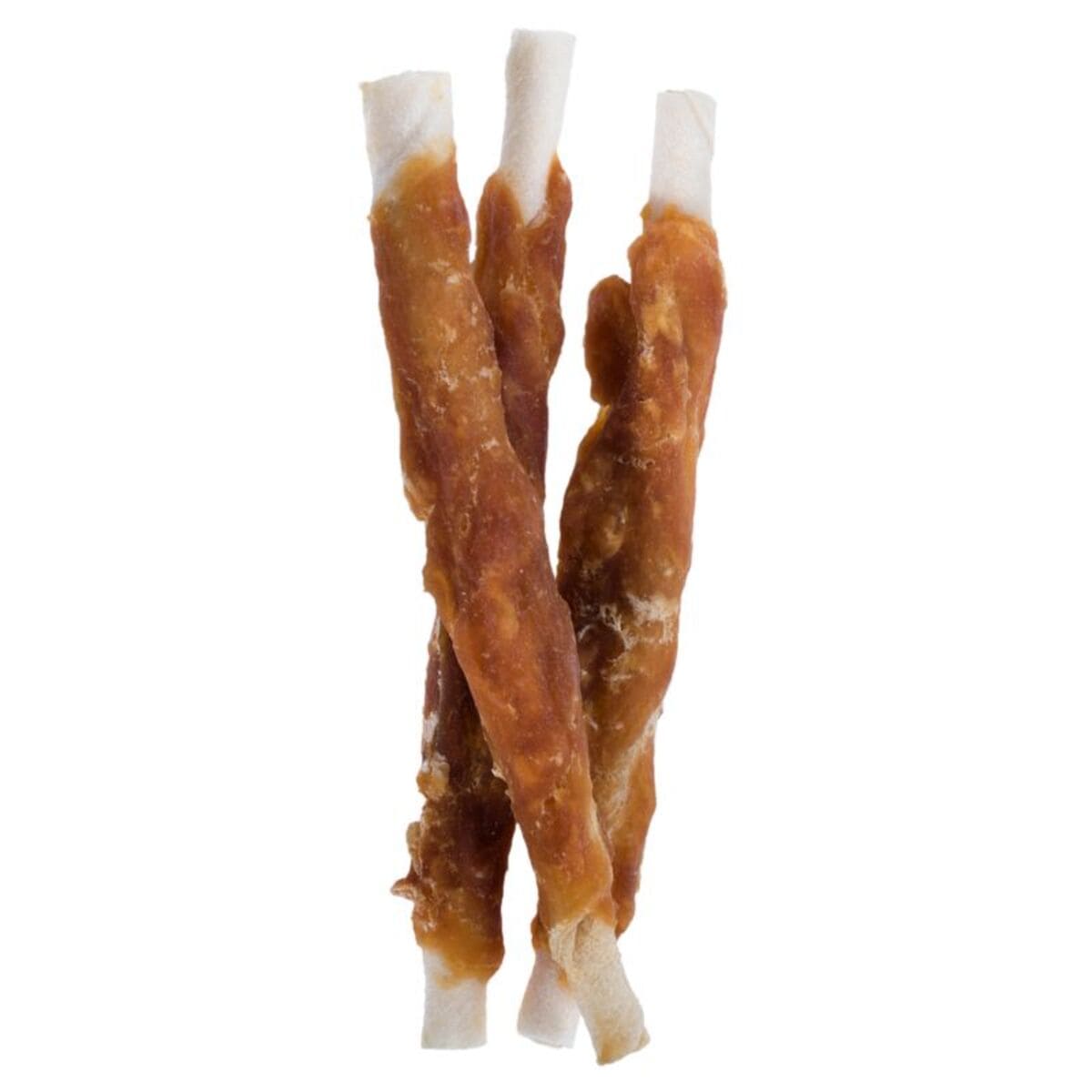 Three dog chew treats on a white background