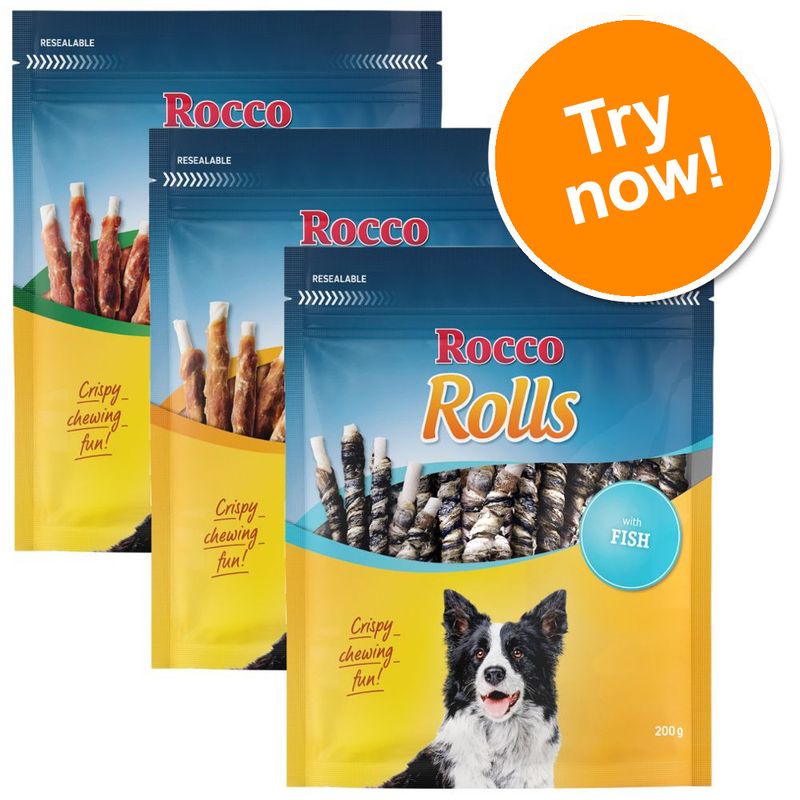 Three packages of Rocco Rolls dog treats with a 'Try now!' button on a white background.