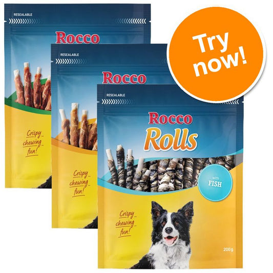 Three packages of Rocco Rolls dog treats with a 'Try now!' button on a white background.