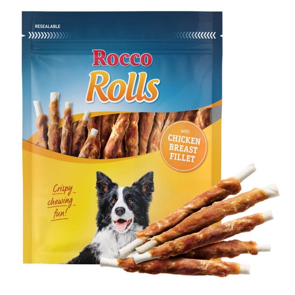 Packaging of Rocco Rolls dog treats with a dog on the label
