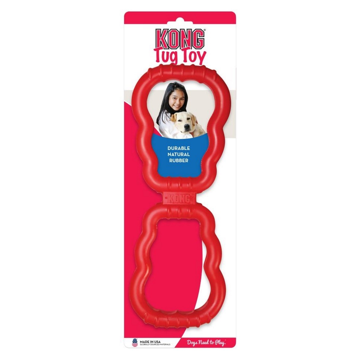 Red KONG Tug Toy packaging with a woman and dog on a white background