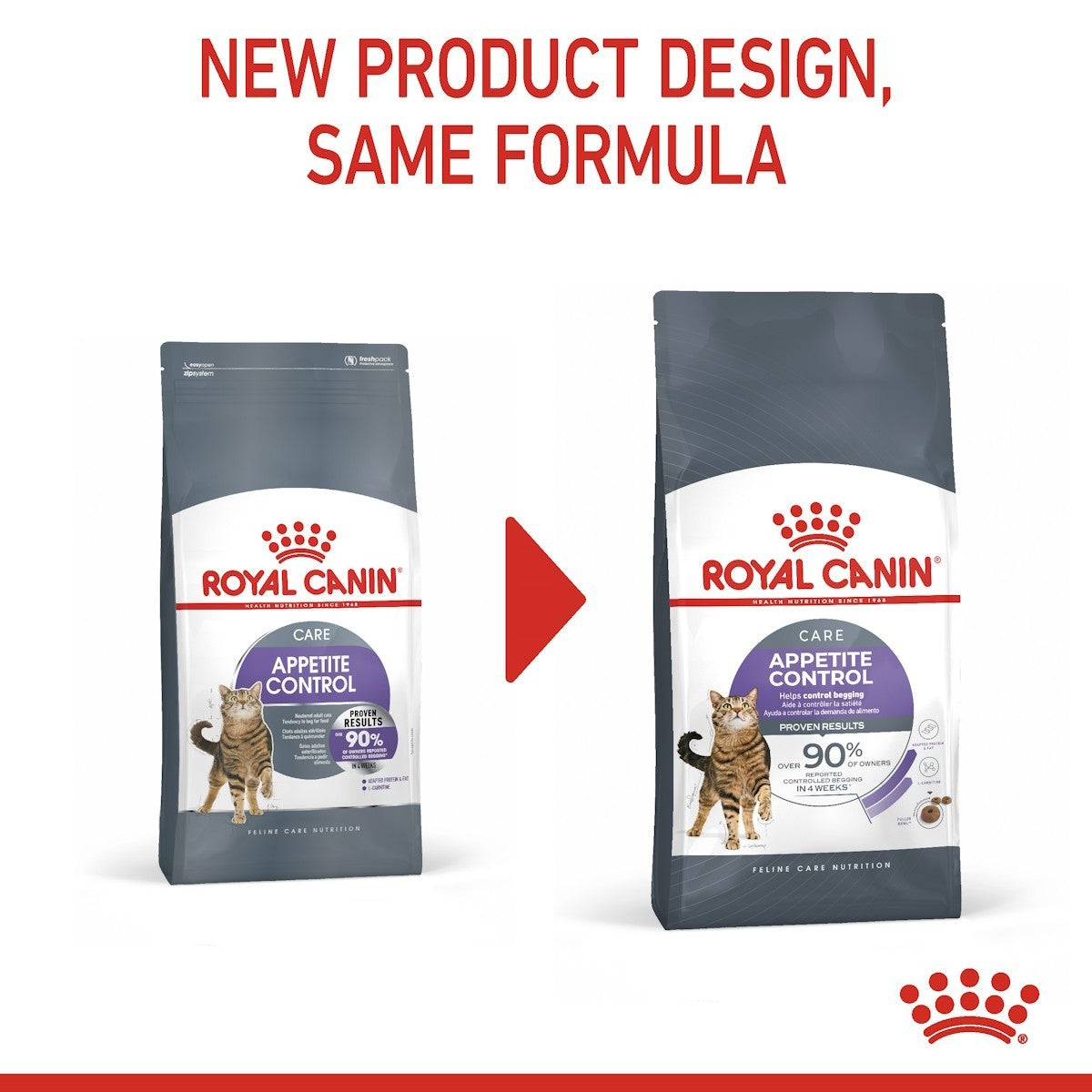Two packages of Royal Canin Appetite Control cat food with a red arrow and text on a white background.