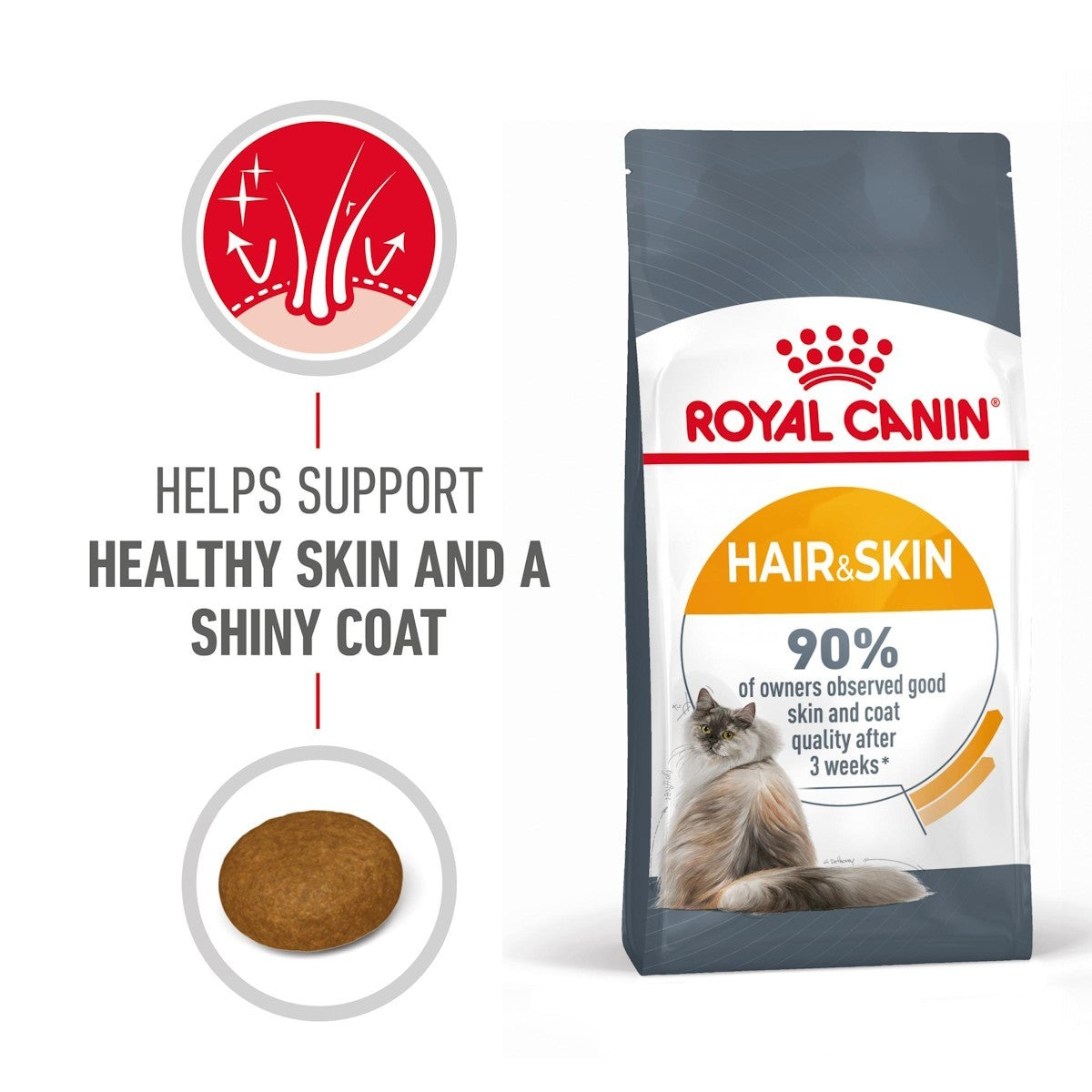Royal Canin Hair & Skin cat food package with text about supporting healthy skin and a shiny coat.