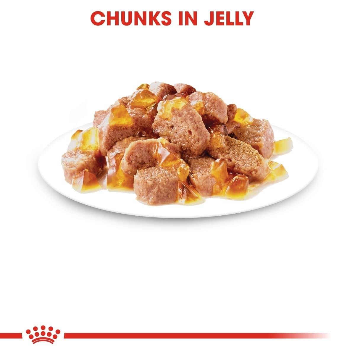 Dog food chunks in jelly on a white plate with 'Chunks in Jelly' text above.