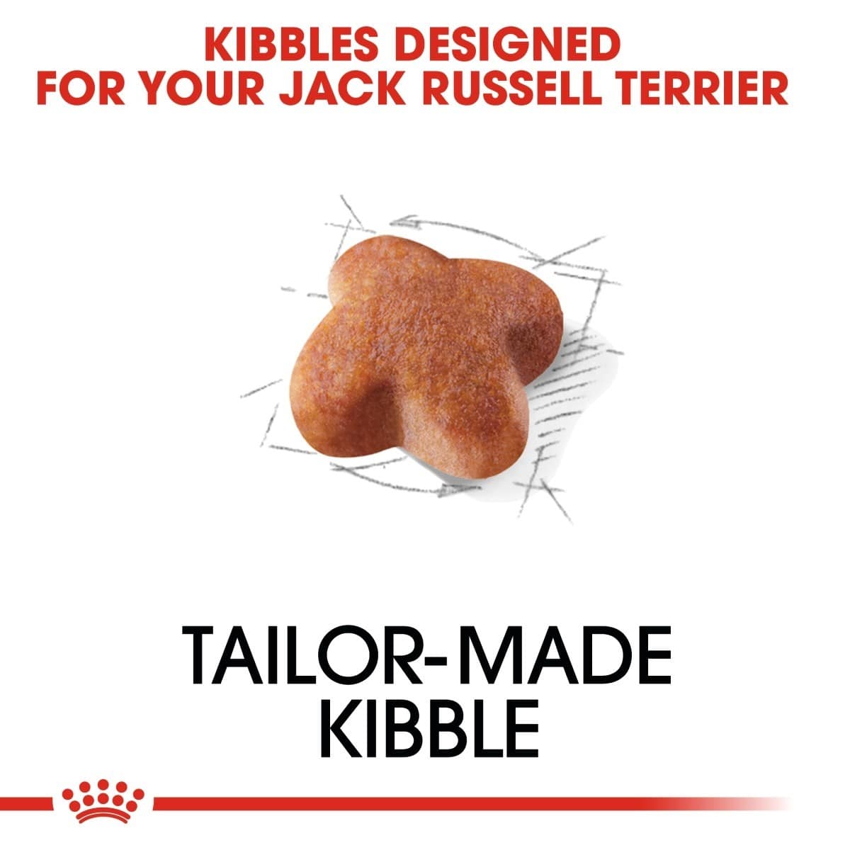 Dog food kibble shaped like a jack Russell terrier on a white background with text about tailored kibble for the breed.