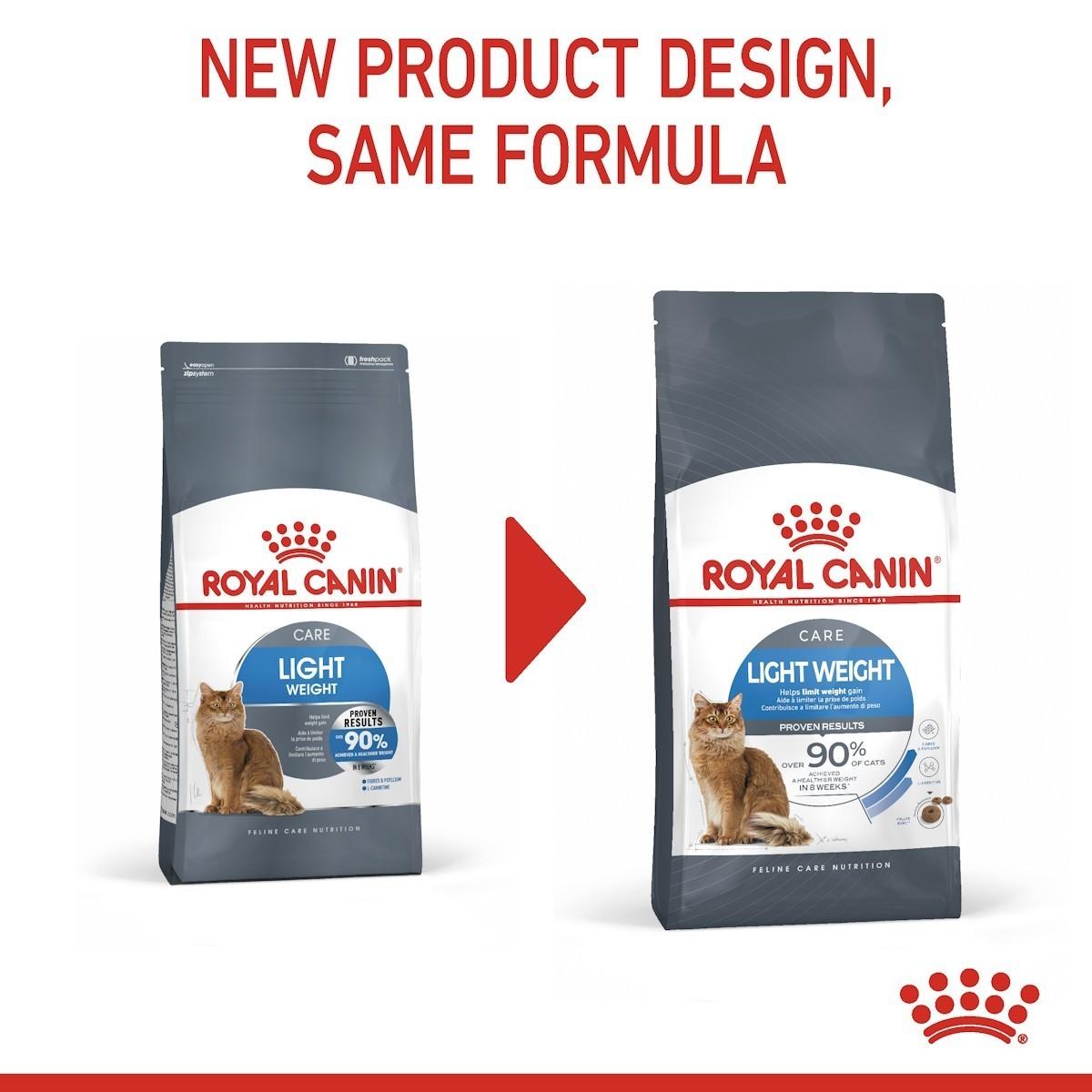 Two packages of Royal Canin Light Weight cat food with a red arrow and text on a white background.