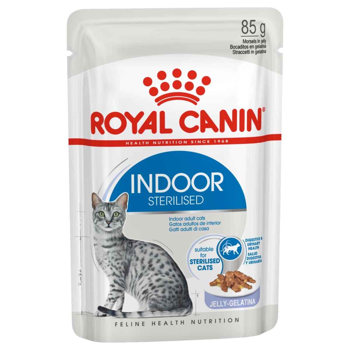 Royal Canin Indoor Sterilised cat food pouch on a white background