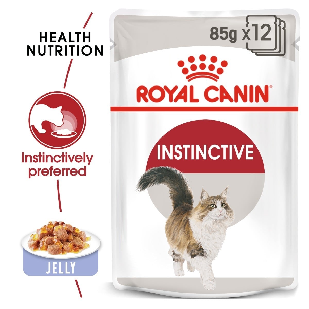 Royal Canin Instinctive cat food pouch with text highlighting health nutrition and jelly preference.
