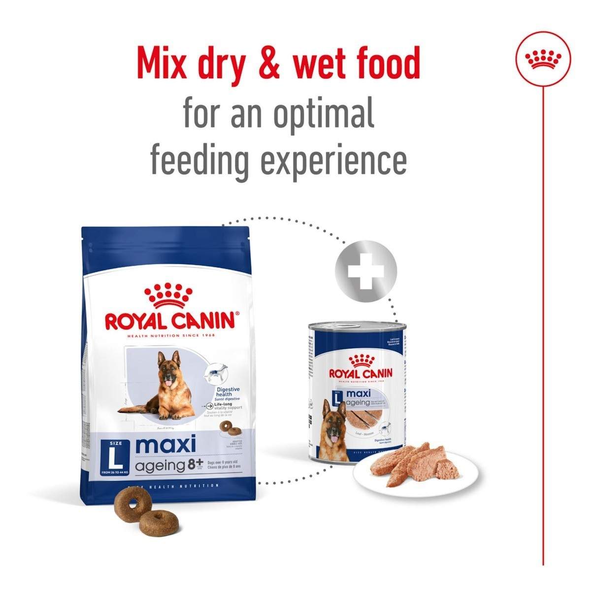 Royal Canin dog food packaging with text on an optimal feeding experience.