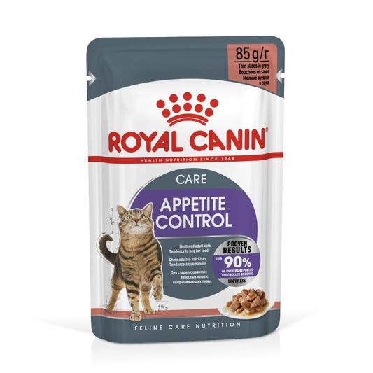 Royal Canin Appetite Control cat food pouch on a white background
