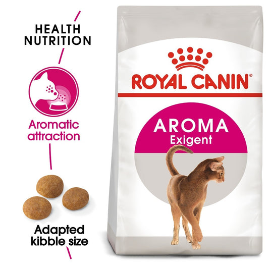 Royal Canin Aroma Exigent cat food bag with branding and product features on a white background